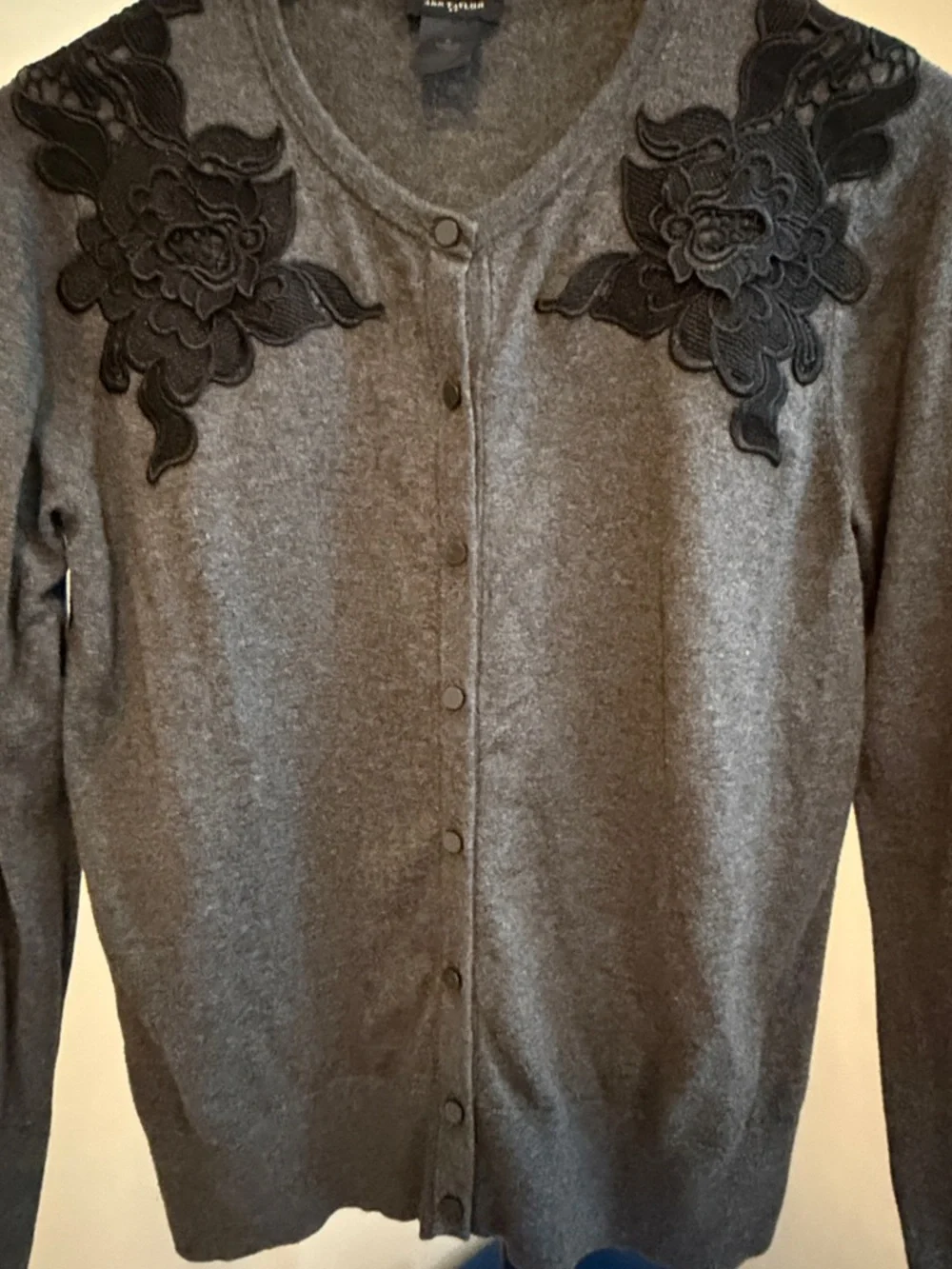 Papermoon Gray Cardigan with Black Floral Appliqué Shoulders size S - Picture 3 of 4